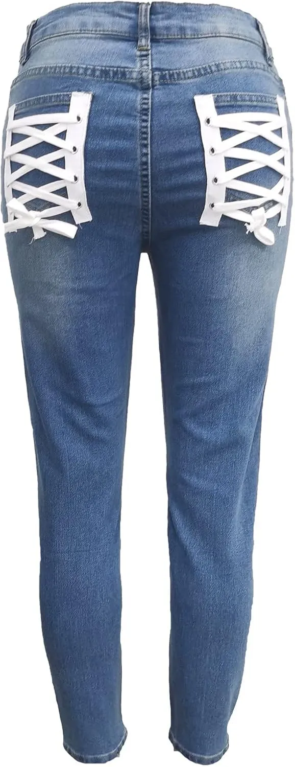 Womens Classic Skinny Jeans Ripped Distressed High Rise Pull On Skinny Leg Slimming Fitted Denim Ankle Jeans Pants
