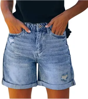 Women's High Waisted Denim Shorts Ripped Distressed Stretchy Casual Jeans Shorts Vintage Raw Hem Summer Hot Shorts Pockets