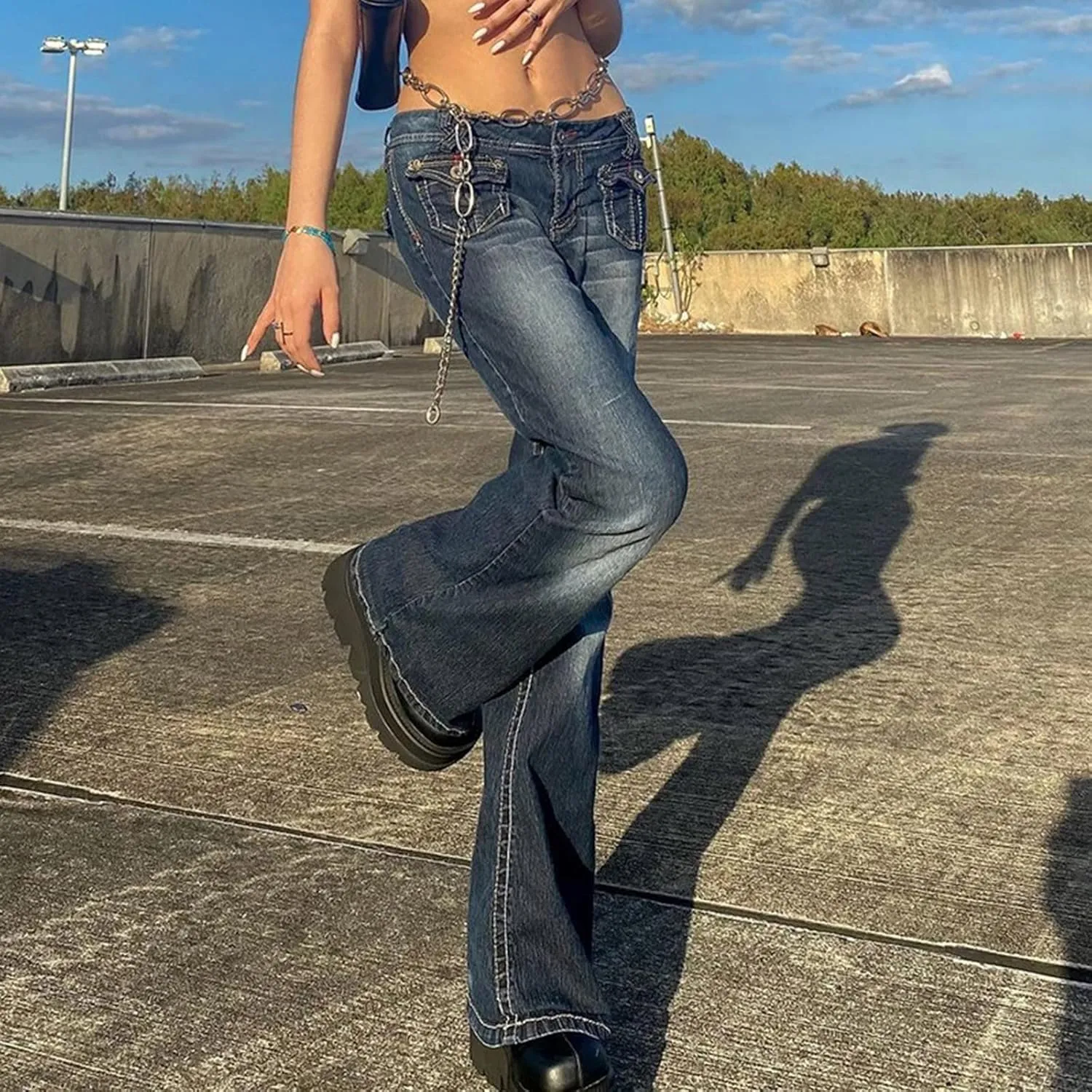 Womens Jeans Low Waist Retro Straight Leg Jeans Flap Pocket Boot Cut Denim Pants Sexy Ribcage Bell Bottom Jeans