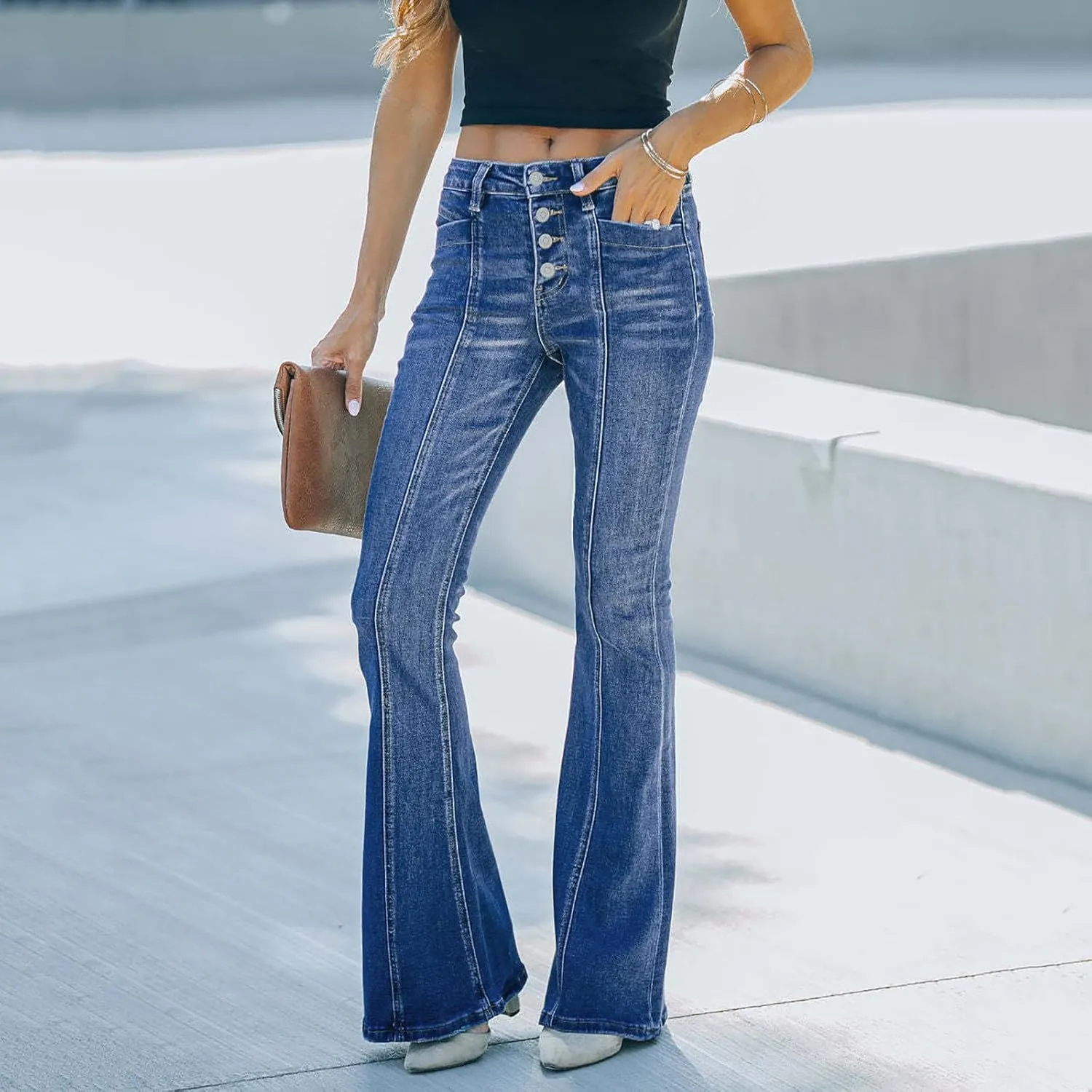 Womens Jeans Low Waist Retro Straight Leg Jeans Flap Pocket Boot Cut Denim Pants Sexy Ribcage Bell Bottom Jeans