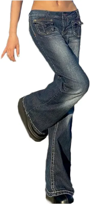 Womens Jeans Low Waist Retro Straight Leg Jeans Flap Pocket Boot Cut Denim Pants Sexy Ribcage Bell Bottom Jeans