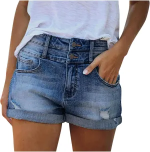 Womens Sexy Hole Denim Shorts Mid Rise Stretchy Solid Cute Vintage Jeans Shorts Rolled Hem Slim Shorts