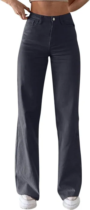 Women's Stretch Bell Bottom Jeans High Waisted Wide Leg Denim Pants Y2K Patterned Baggy Flared Hem Jeans