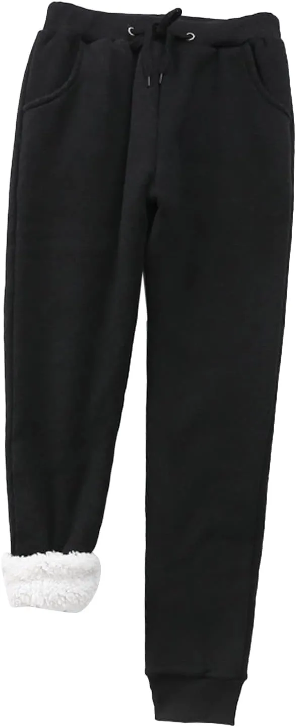 XUETON Womens Sherpa Lined Sweatpant with Pockets Winter Warm Fleece Thermal Lined Tapered Drawstring Athletic Workout Jogger(Black,Small)